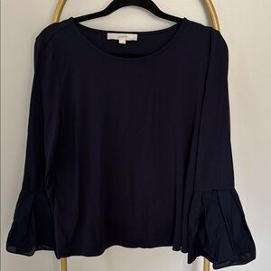 LOFT Navy Blouse with Flared Sleeves